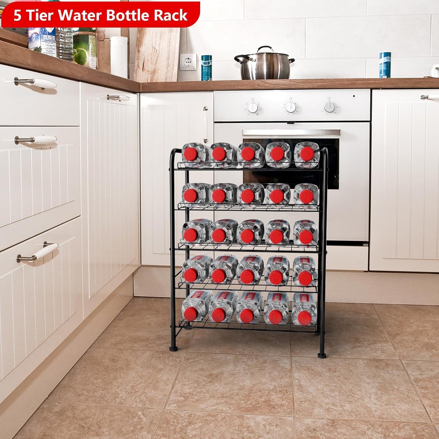 Water Bottle Organizer 5 Tier FreeStanding Water Bottle Storage Rack Metal Beverage Can Dispenser for Pantry, Kitchen Cabinet Countertop, Black