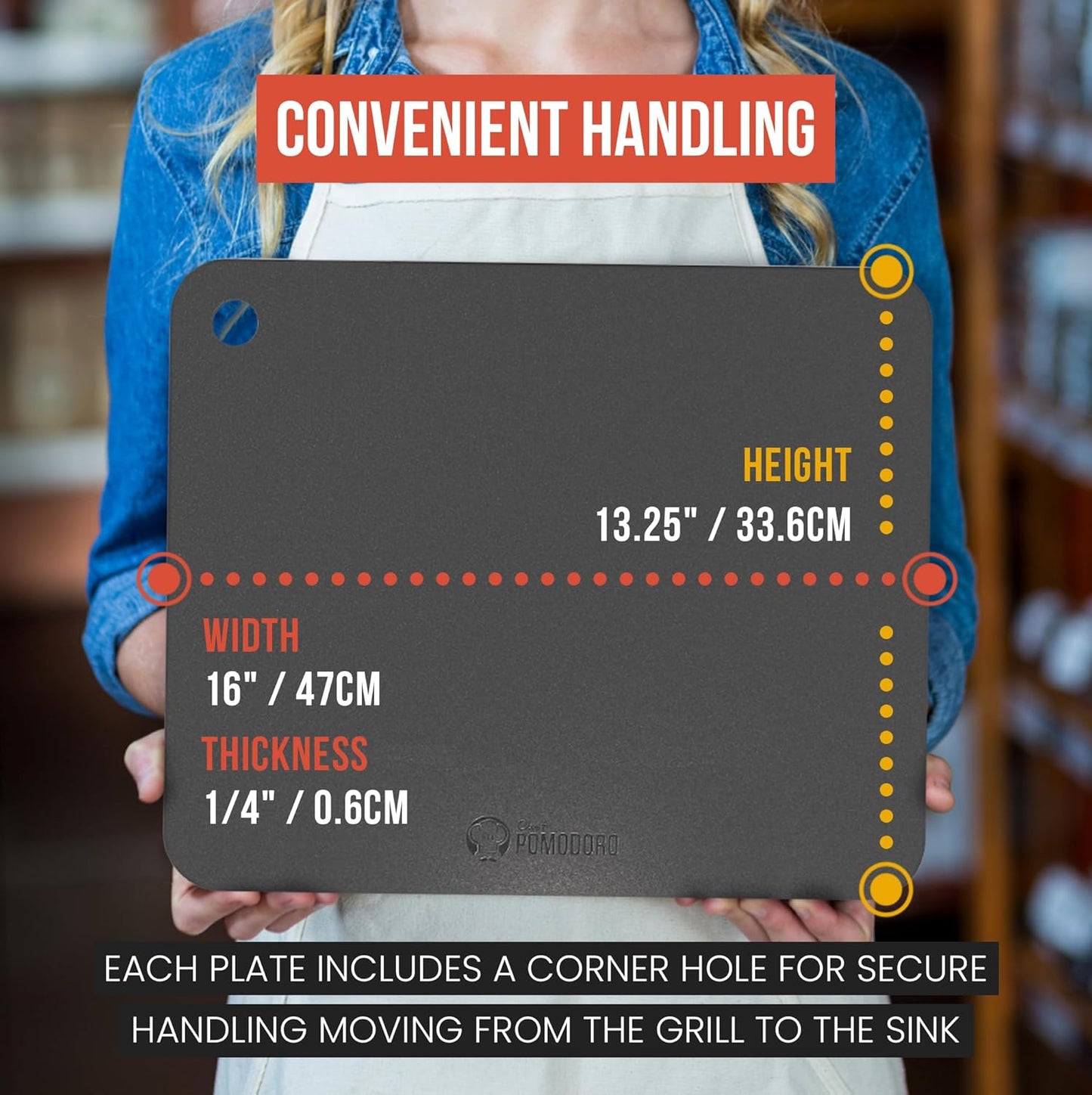 Chef Pomodoro Pizza Steel for Oven 16 Inch 1/4 Inch Thick, Baking Steel for Oven, Grill, Sourdough Bread, Baking Stone for Oven With Lifting Holes 16" X 13.25" (40.6 x 33.6 cm)