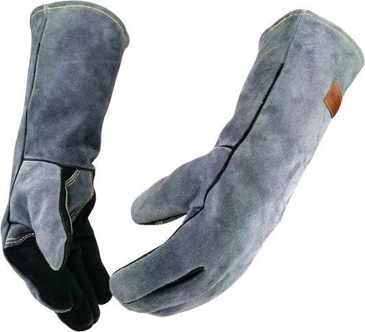 14 Inches,932℉,Leather Welding Gloves small, Heat/Fire Resistant,Small Mitts for BBQ,Oven,Grill,Fireplace,Tig,Mig,Forge,Baking,Furnace,Stove,Pot Holder,Animal Handling Glove.S Black-gray