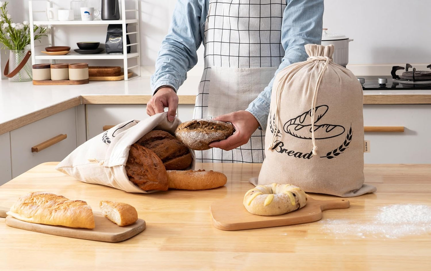 2 Pack Linen Bread Bags for Homemade Bread - Plastic Lined - Reusable Linen Sourdough Bread Storage Bags with Plastic Liner - 17" x 13"
