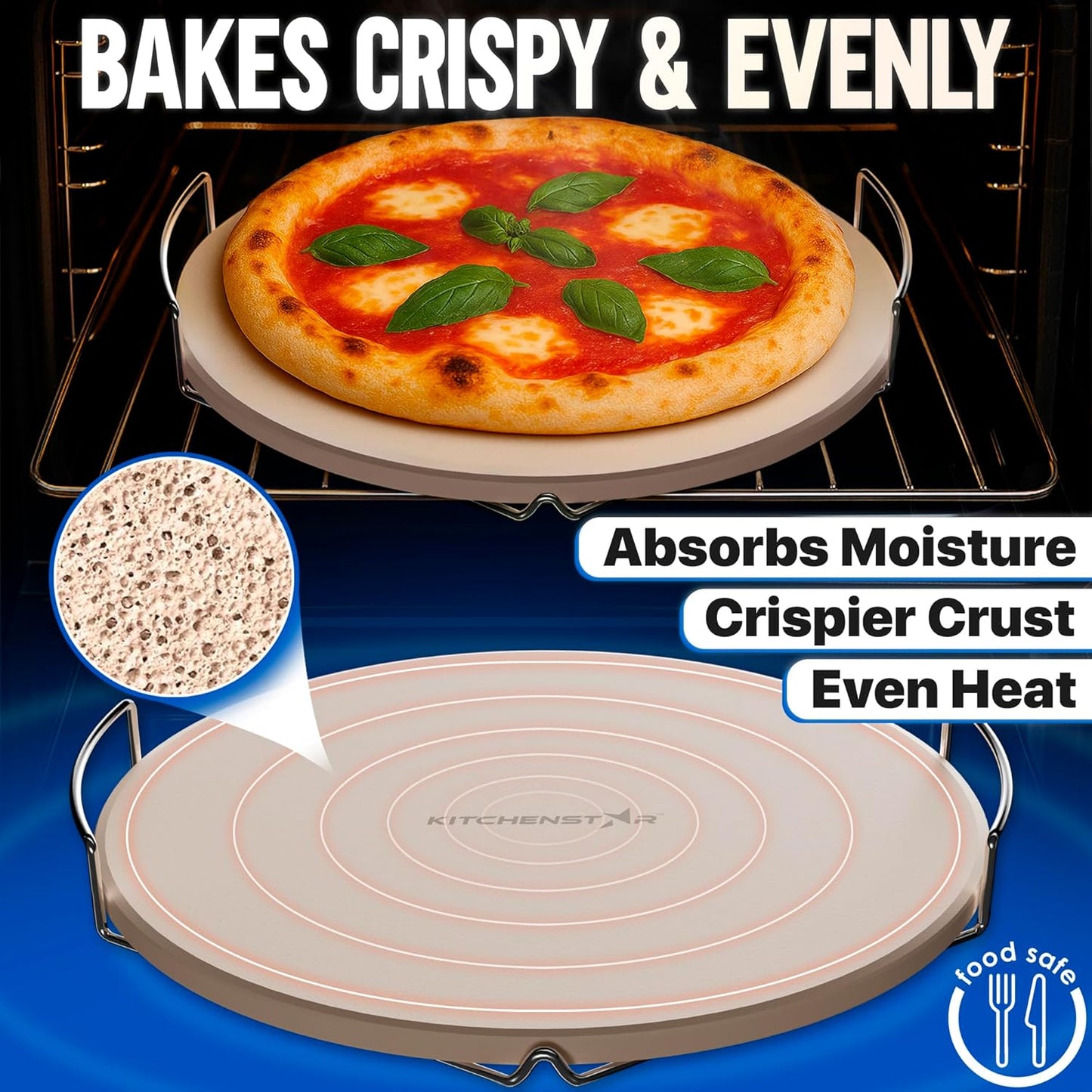 KitchenStar 12-inch Pizza Stone for Oven and BBQ Grill with Handles, Round, 5/8" Thick - Natural Cordierite, 1800 °F Resistant, Baking Stone Set with Stainless Steel Rack & Plastic Scraper Tool