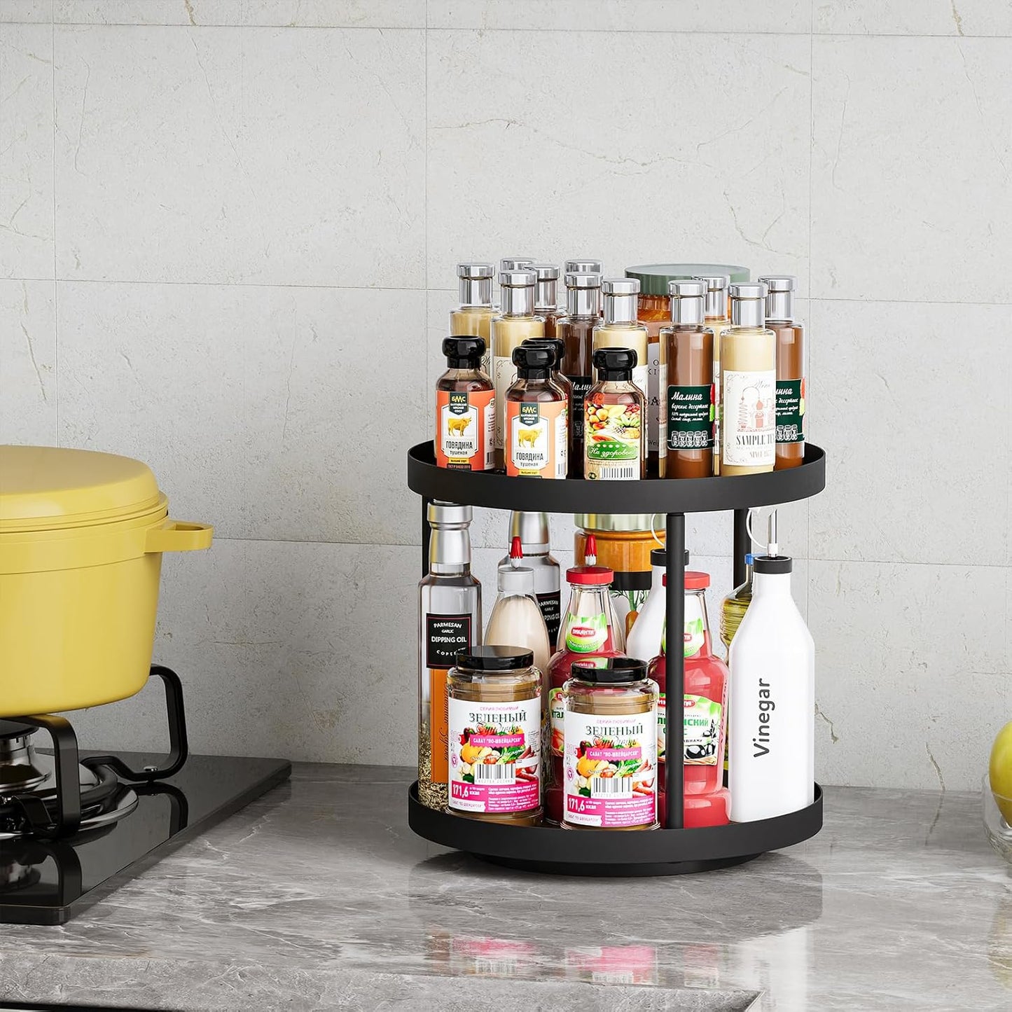 Giikin 2 Tier Lazy Susan Organizer, Two Tier Lazy Susan Turntable for Kitchen Countertop Spice Rack Organizer (Rustic Brown, 9.8" x 9.8" x 8.8")