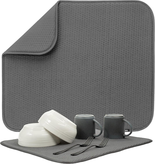 S&T INC. Dish Drying Mat, 16” x 18”, Absorbent Microfiber Kitchen Counter Mat, Drying Pad for Dishes, Utensils, Pots and Pans, Large, Diamond Texture, Grey