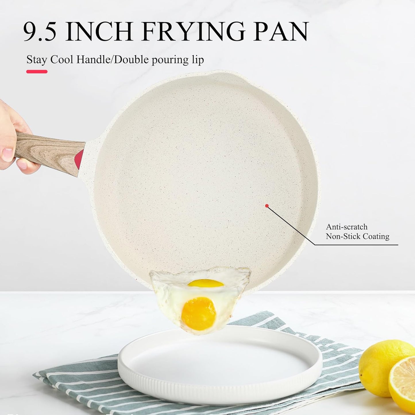 Vinchef Nonstick Frying Pan Anti Scratch,9.5 Inch Skillet Cast Aluminum Cookware, Induction Compatible White