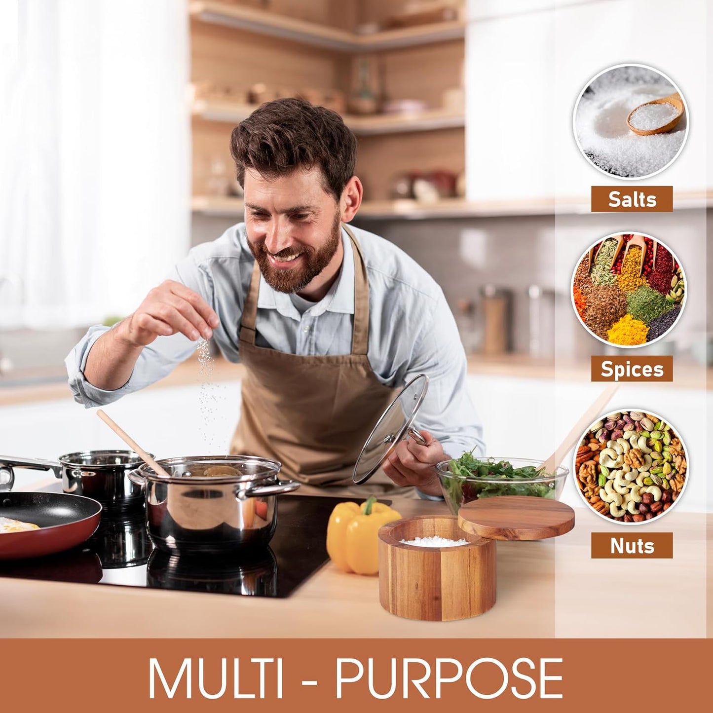 Acacia Salt Cellar 9 Ounces Capacity, Wood Salt Box With Swivel Cover, Spice Keeper, Wood Jar For Kitchen, Perfect For Keeping Table Salt, Gourmet Salts, Herbs or Favorite Seasonings