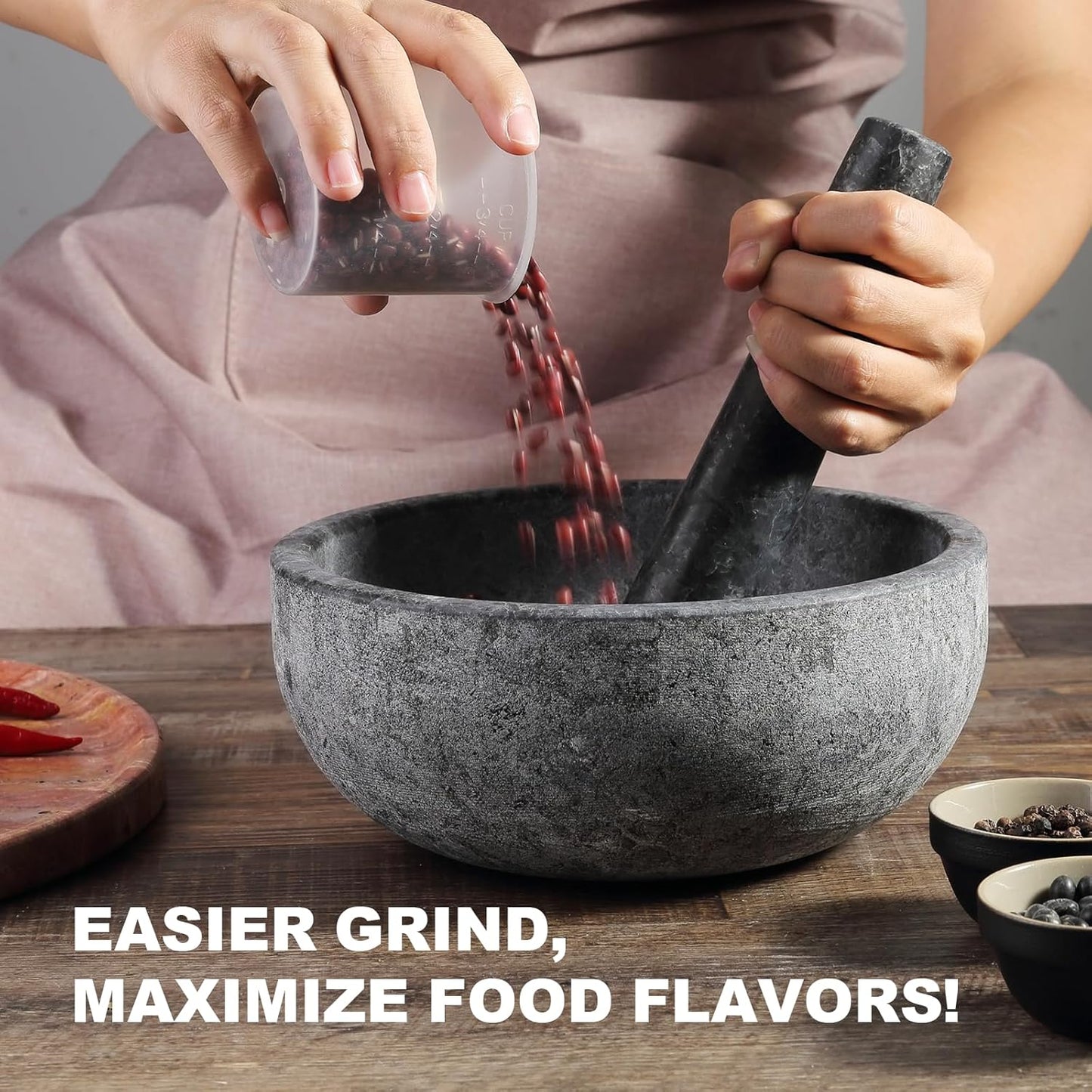 Koville Natural Granite Mortar and Pestle Set, 8" Extra Large Grinder Bowl for Guacamole, Salsa, Pill Crusher, Spice, Herb, Garlic, Nut, Heavy Duty Grinder for Kitchen Sand-Blasted Finish