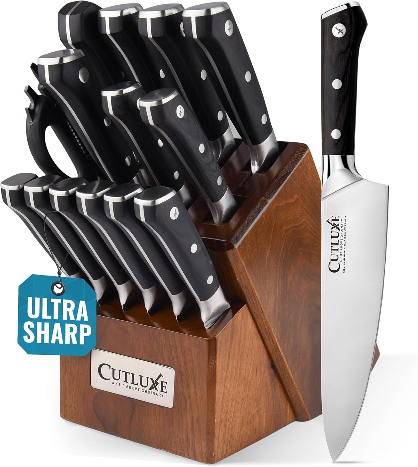 Cutluxe 15-Piece Knife Set – Premium Acacia Wood Block – Knife Set for Kitchen, Ultra Sharp High Carbon German Stainless Steel, Full Tang – Artisan Series