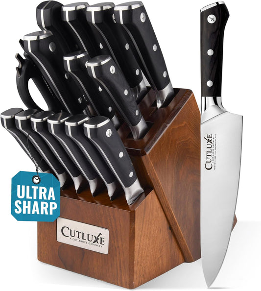 Cutluxe 15-Piece Knife Set – Premium Acacia Wood Block – Knife Set for Kitchen, Ultra Sharp High Carbon German Stainless Steel, Full Tang – Artisan Series