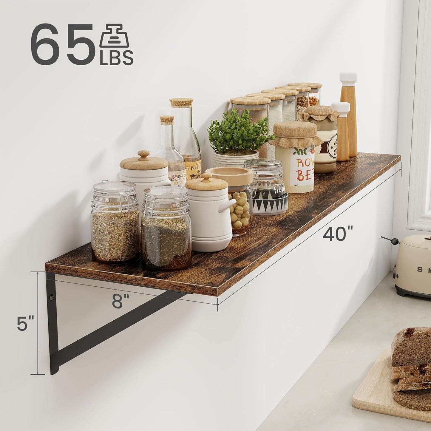 Heimlove Deep Floating Shelves for Wall, 40W x 8D Wood Wall Shelves Set of 2, Wide Floating Bookshelf for Living Room, Kitchen, Office, Bedroom and Decor Storage, with Metal Bracket - Rustic Brown