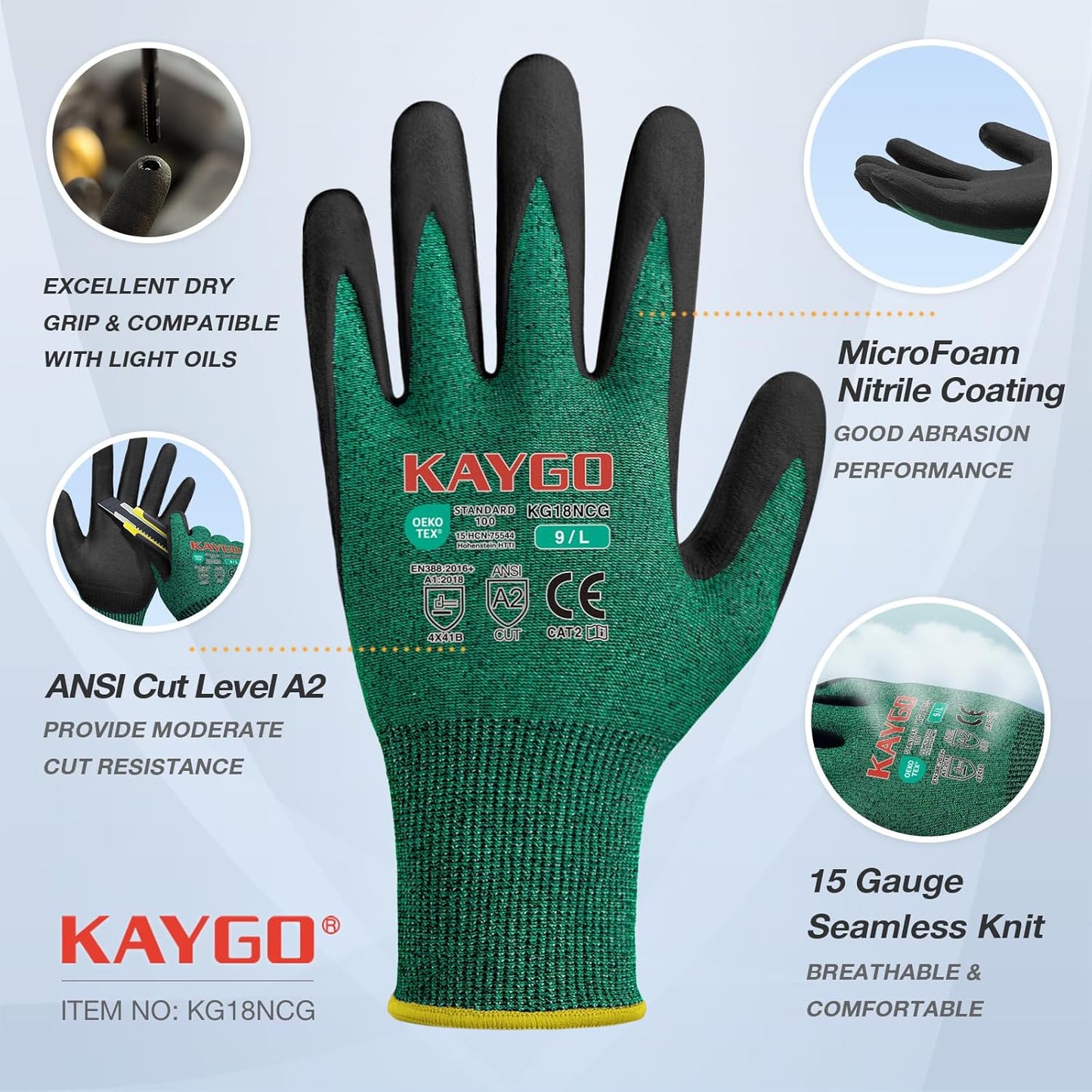 KAYGO Safety Work Gloves MicroFoam Nitrile Coated, 3 Pairs KG18N, Cut Resistant Glove with Abrasion and Oil Resistant Grip, ANSI Cut Level A2, M, Green