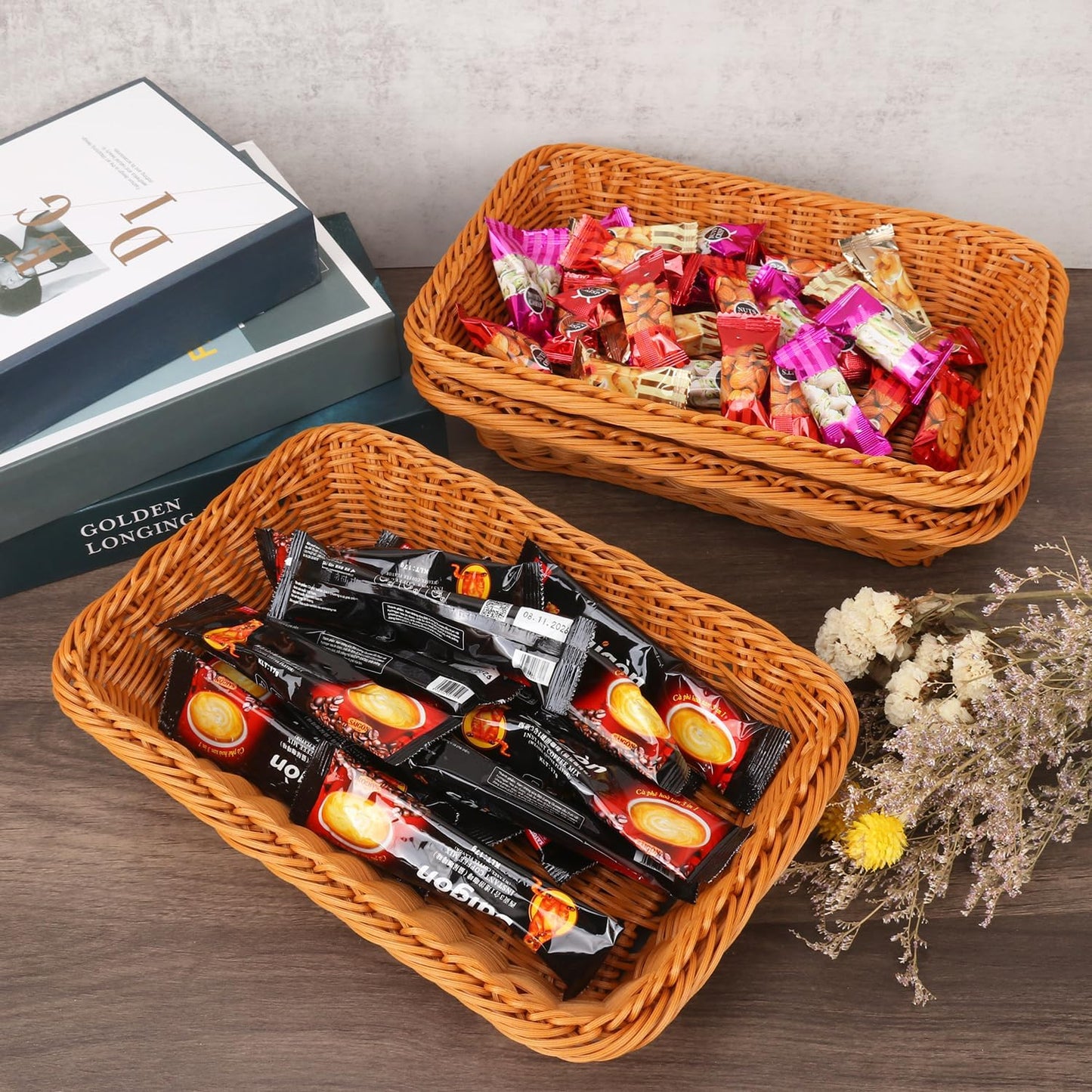 6 Pack 12 Inch Brown Poly Wicker Bread Baskets, Rectangular Wicker Bread Basket, Imitation Rattan Wicker Fruit Baskets for Table, Candies, Crackers, Fruit, Vegetables, Restaurant,Home Kitchen