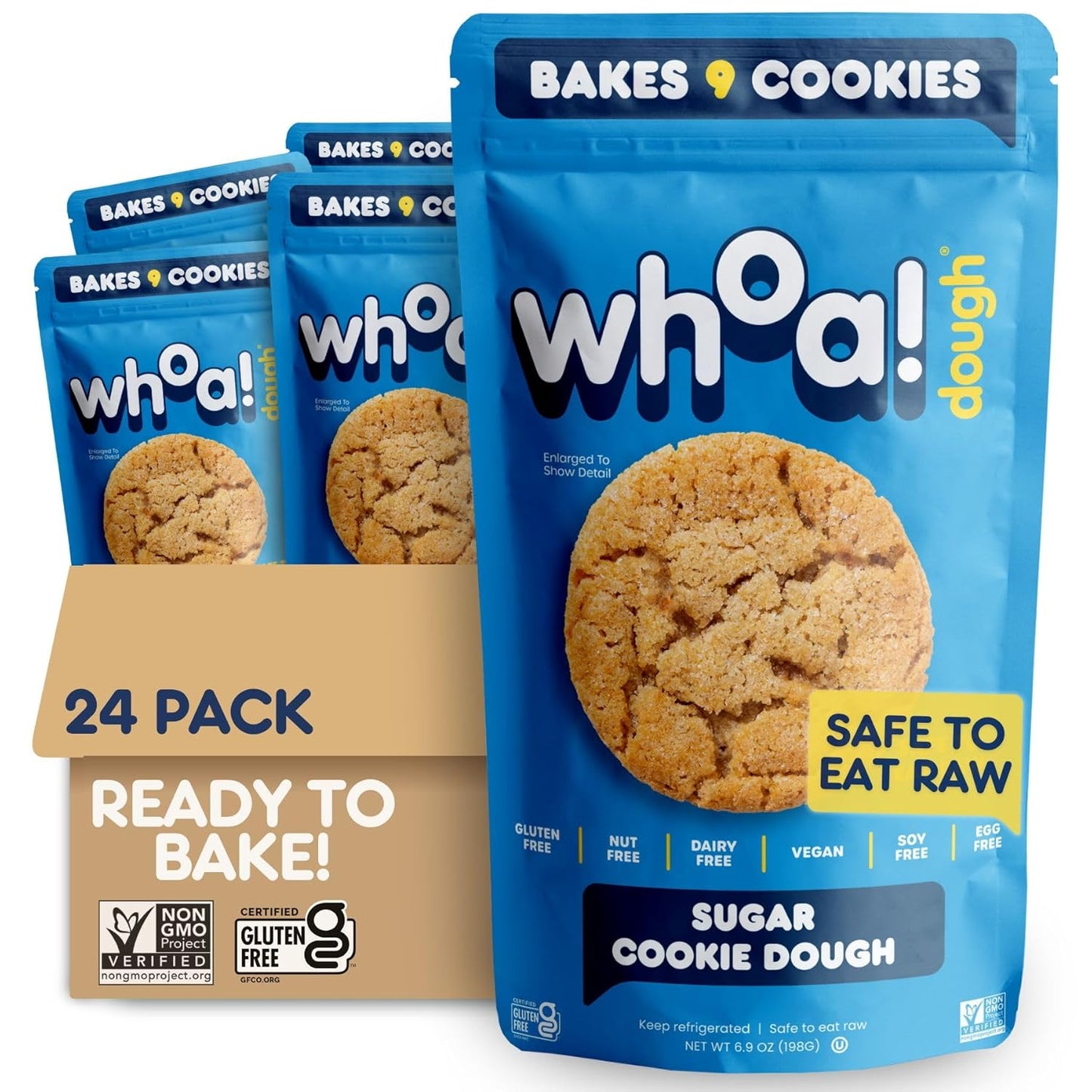 Whoa Dough Ready to Bake Cookie Dough Sugar Cookie – Certified Non-GMO, Kosher, Gluten Free – Plant-Based Snack Dough Made with Real Ingredients – 24 Pack
