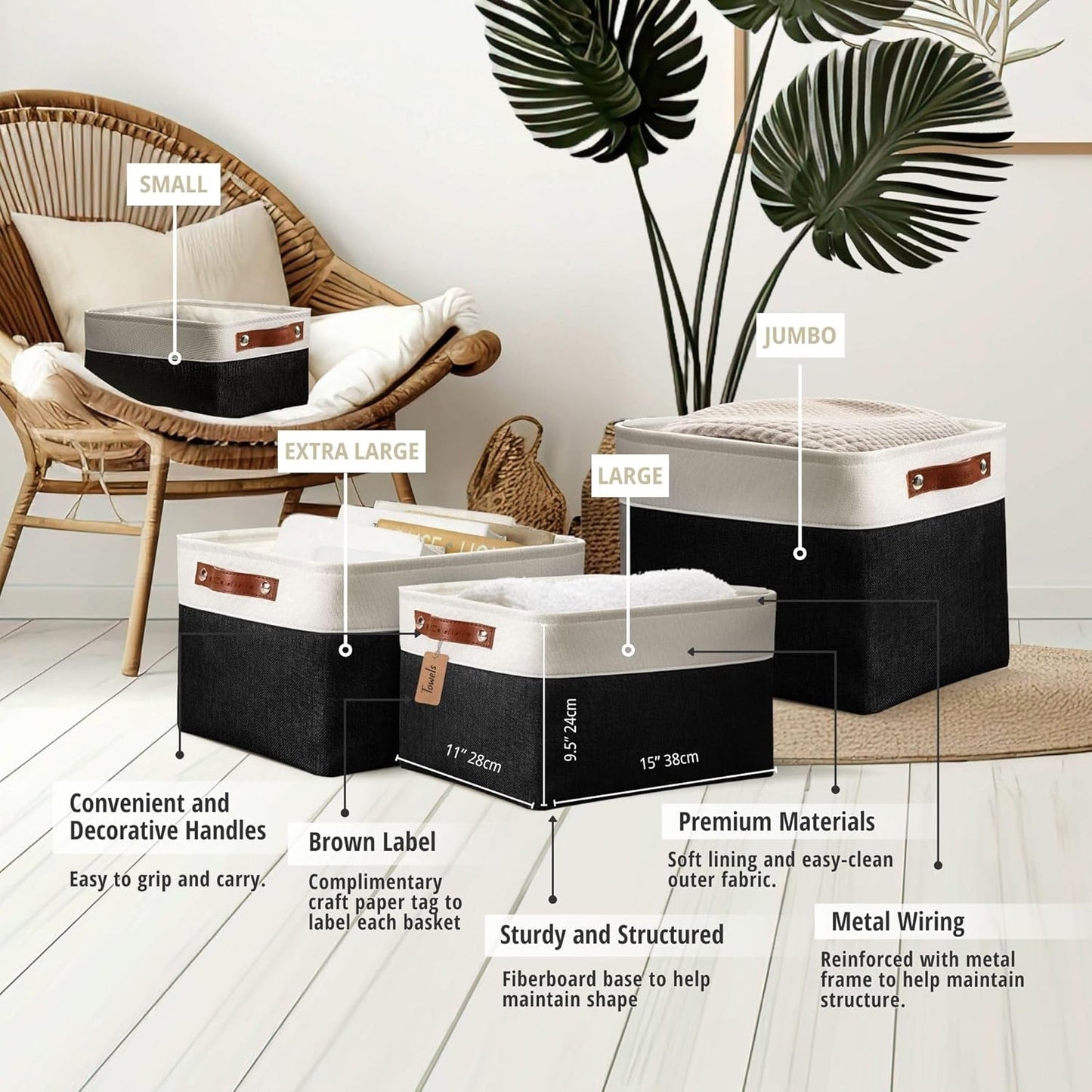 DECOMOMO Storage Baskets for Shelves - Fabric Storage Bins, Linen Closet Organizers and Storage (Black & White, XL - 3 Pack)