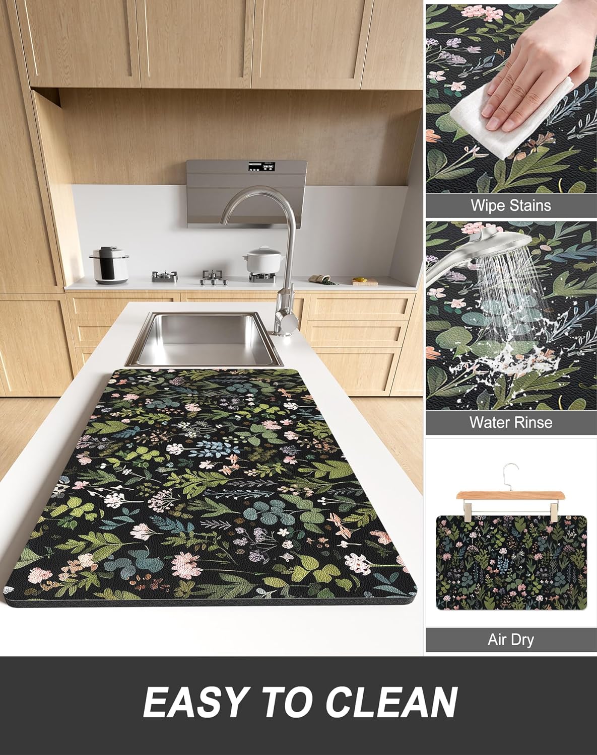 Rnivvi Dish Drying Mat for Kitchen Counter, 12 x 19" Cute Flower Theme Super Absorbent Draining Pad, Non-Slip Heat Resistant Coffee Bar Mat for Coffee Machine Station Accessories, Black Dish Rack Pad