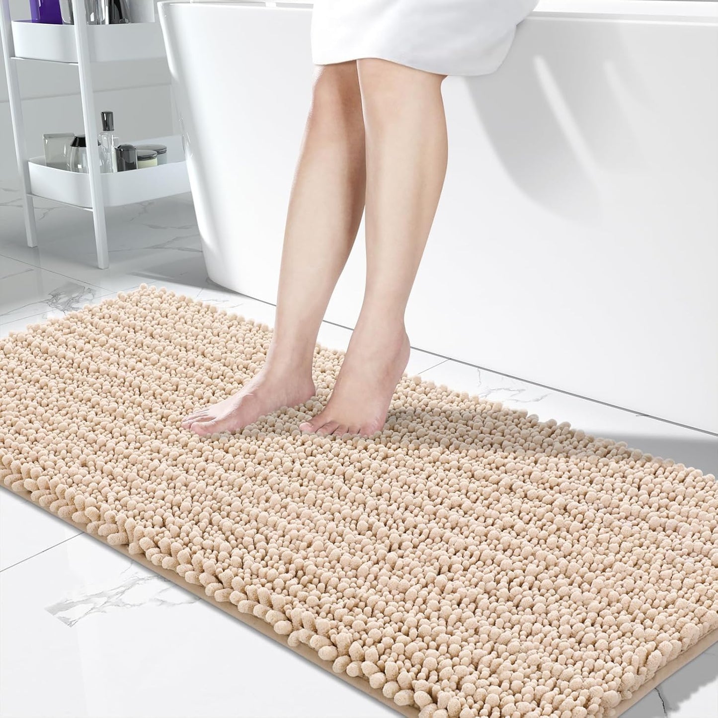 Yimobra Bathroom Runner Rug 60x24 Inch - Extra Long Non Slip Chenille Bath Mat, Soft & Absorbent, Machine Washable Shaggy Hallway Carpet for Vanity Tub Shower, Light Brown Home Decor Accessories