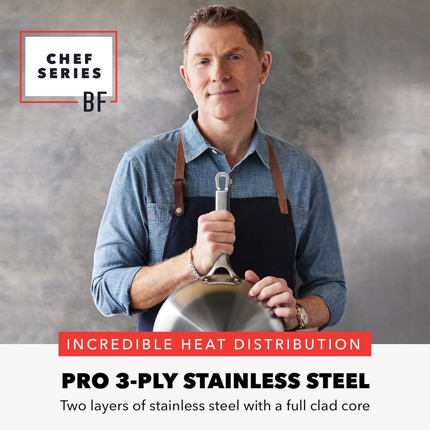 GreenPan x Bobby Flay Stainless Steel 12” Frying Pan Skillet & Glass Lid, Professional Grade Tri-Ply, Multiclad, PFAS-Free Ceramic Nonstick, Induction Suitable, Dishwasher & Oven Safe,Stay Cool Handle