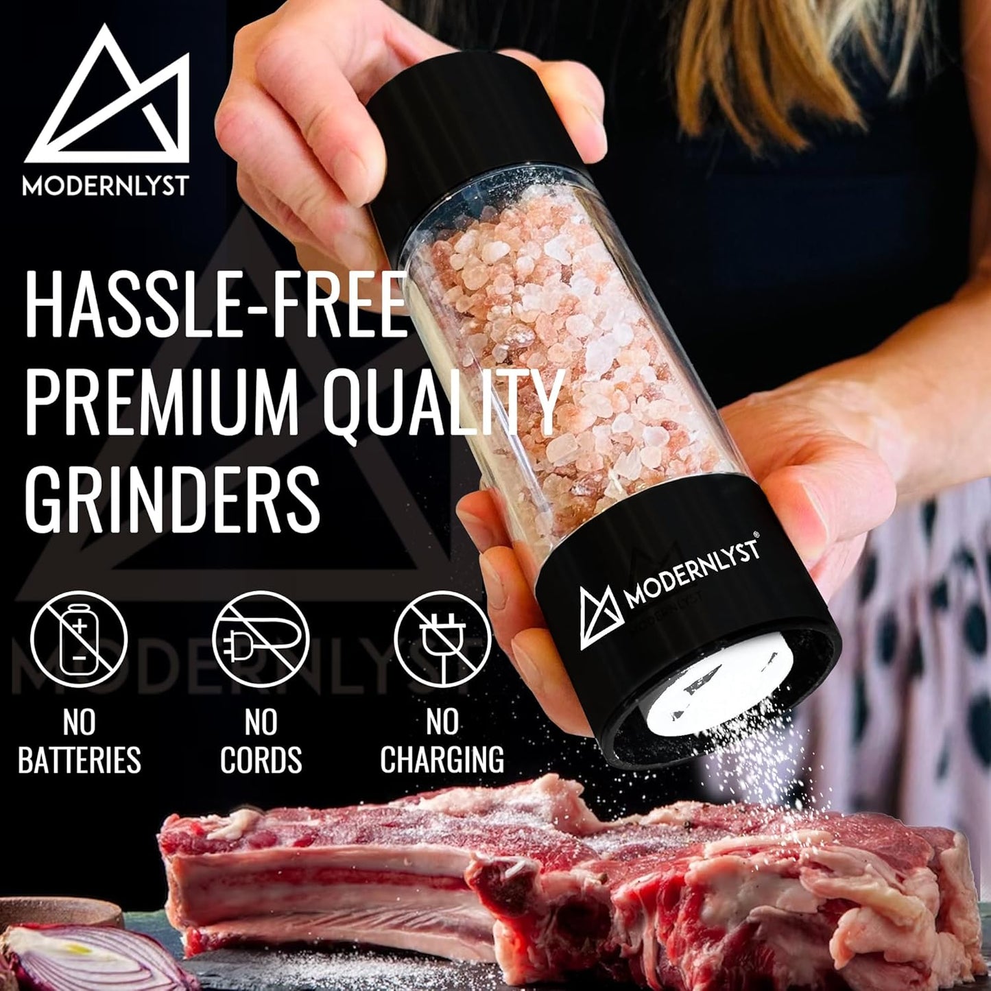 Manual Salt and Pepper Grinder Set of 2 | Large Round Salt and Pepper Shakers Set | 7.5 inch Stainless Steel Salt Grinder Refillable | Pepper Grinder Manual (Black)