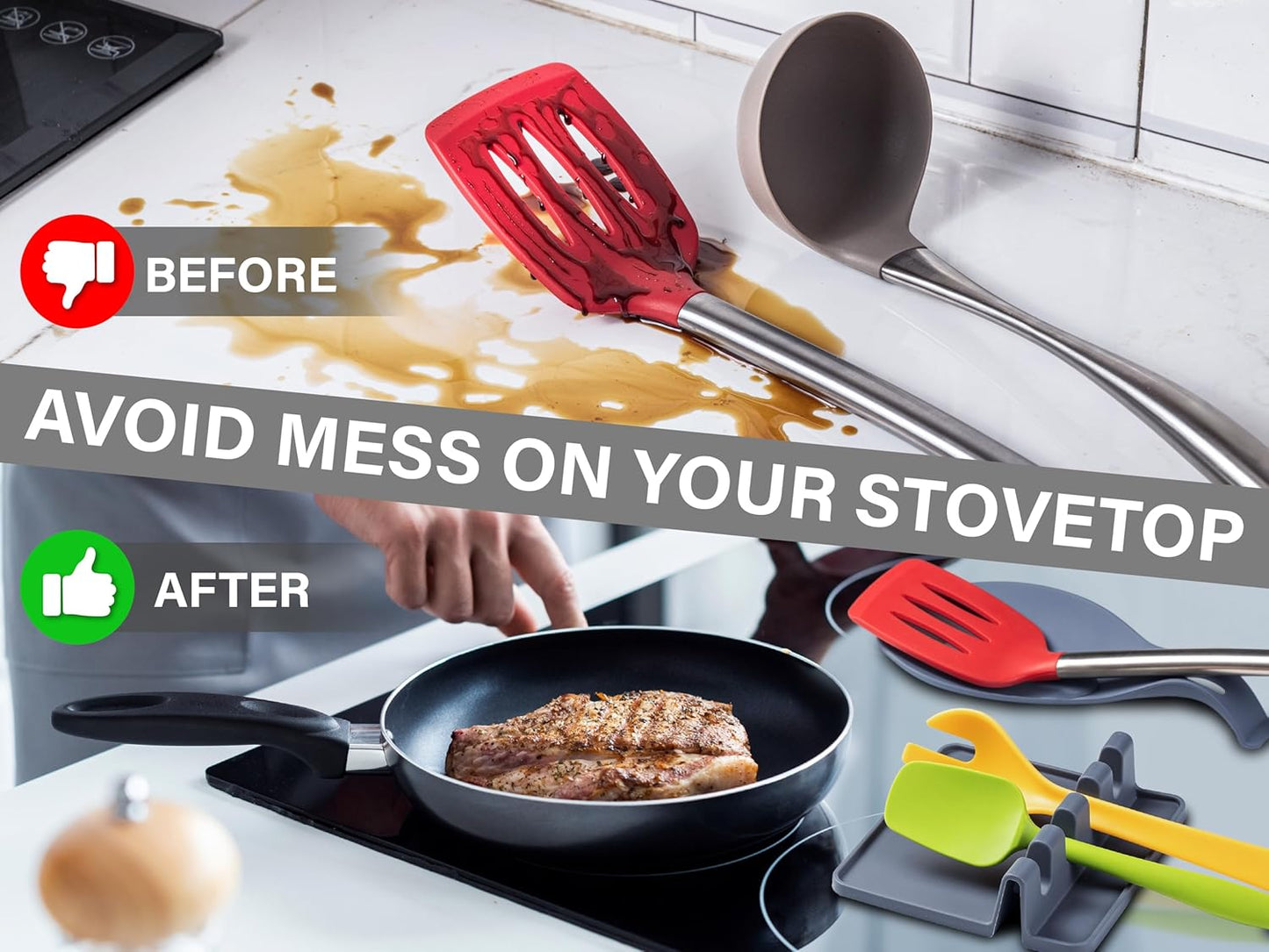 Silicone Spoon Rest for Stove Top, 2 STYLES - HEAT RESISTANT, EASY TO CLEAN Kitchen Spoon Rest for Kitchen Counter, Holds XL Utensils, Safe on GLASS & INDUCTION Cooktops, DOESN’T BREAK if Dropped