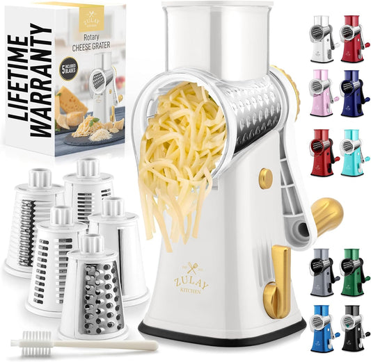 Zulay Kitchen Rotary Cheese Grater 5 Blade Cheese Shredder - Manual Hand Crank Cheese Grater With Reinforced Suction & 5 Interchangeable Drums - Easy to Use, Vegetable Chopper Round Mandoline Slicer