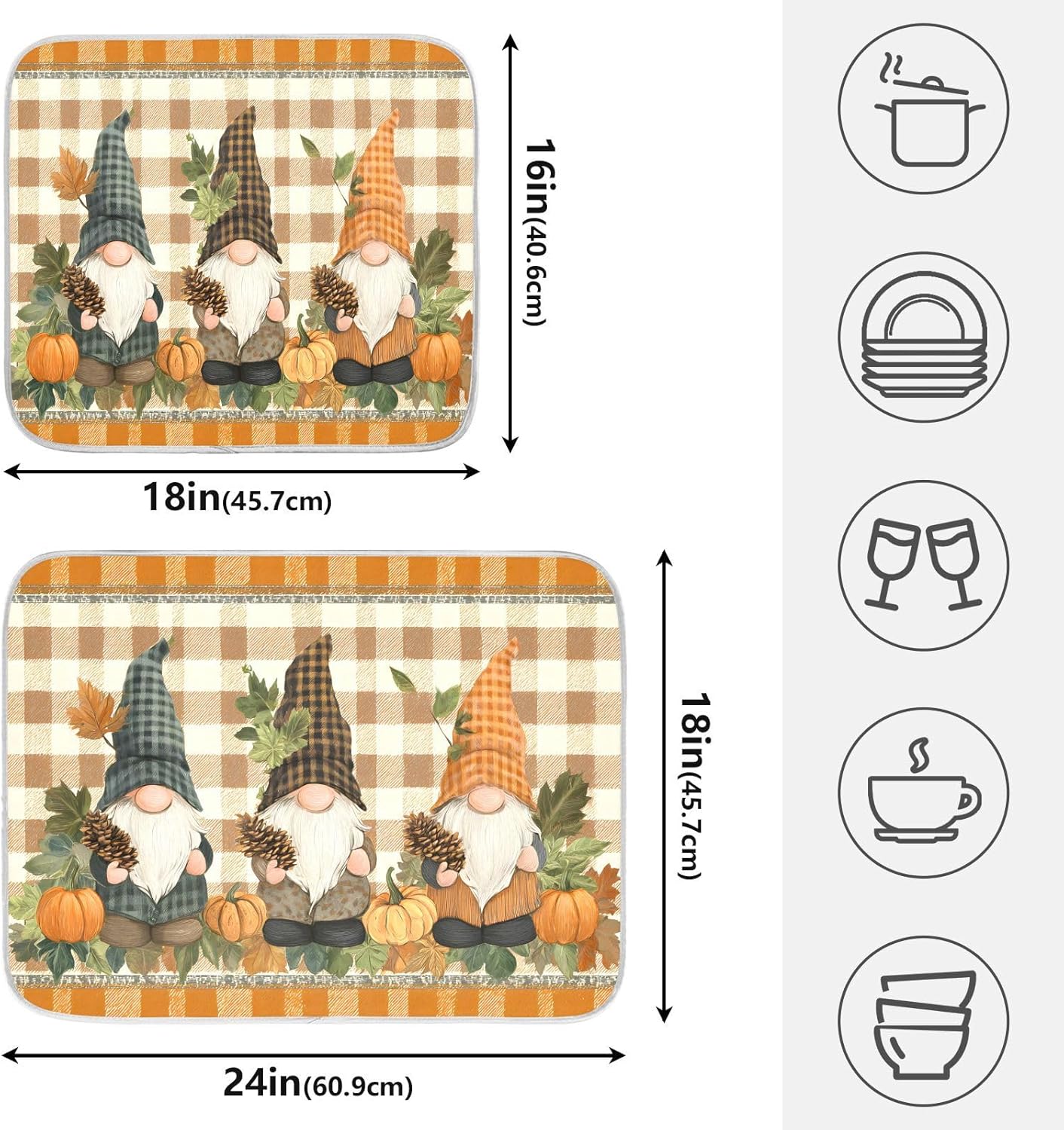 Fall Pumpkin Gnomes Maple Leaves Autumn2 Dish Drying Mat for Kitchen Counter Absorbent Microfiber Large Drying Pad Dish mats for Kitchen Countertops 18 x 24 Inch