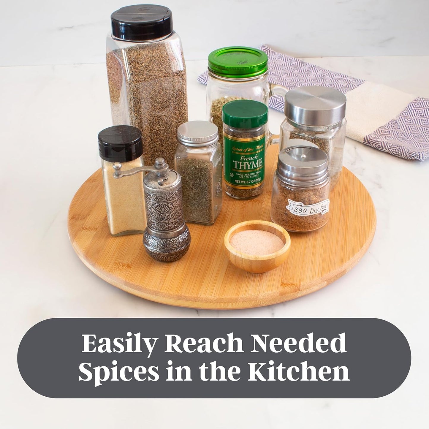 TB Home Lazy Susan Organizer for Cabinet, Pantry or Tabletop – 14" Bamboo Turntable for Kitchen, Counter or Spice Rack Storage