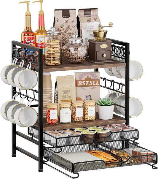 Coffee Bar Organizer, 4 Tier Coffee Station Organizer for Countertop, 30 K Cup Pod Drawer, Mug Cup Holder Stand with 12 Hooks, Multifunctional K Pods Shelf Storage Holder Drawer