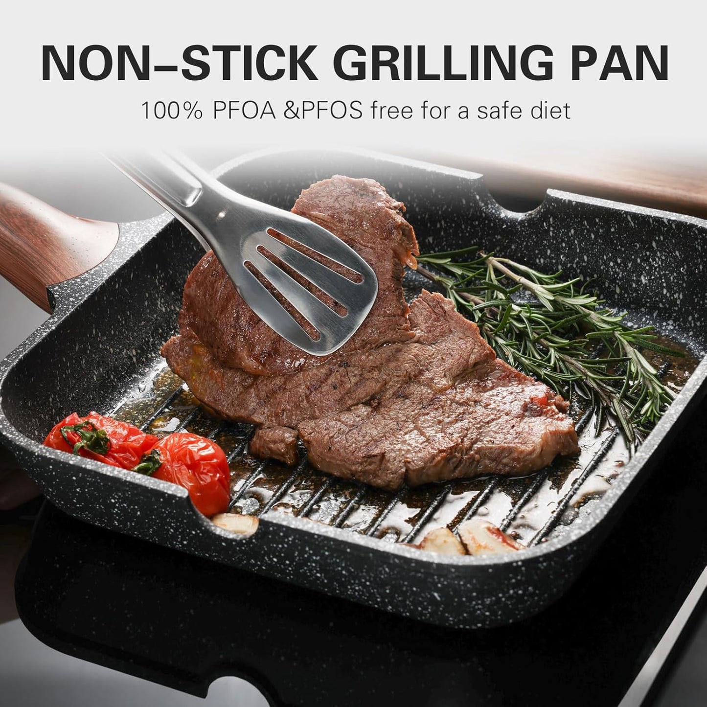 Nonstick Grilling Pan with Lid for Stove Tops, 9.5 Inch Square Grill Pan for Indoor Cooking, Granite Coating Grill Skillet with Pour Spouts, Versatile Griddle, Induction Steak Pan, PFOA Free