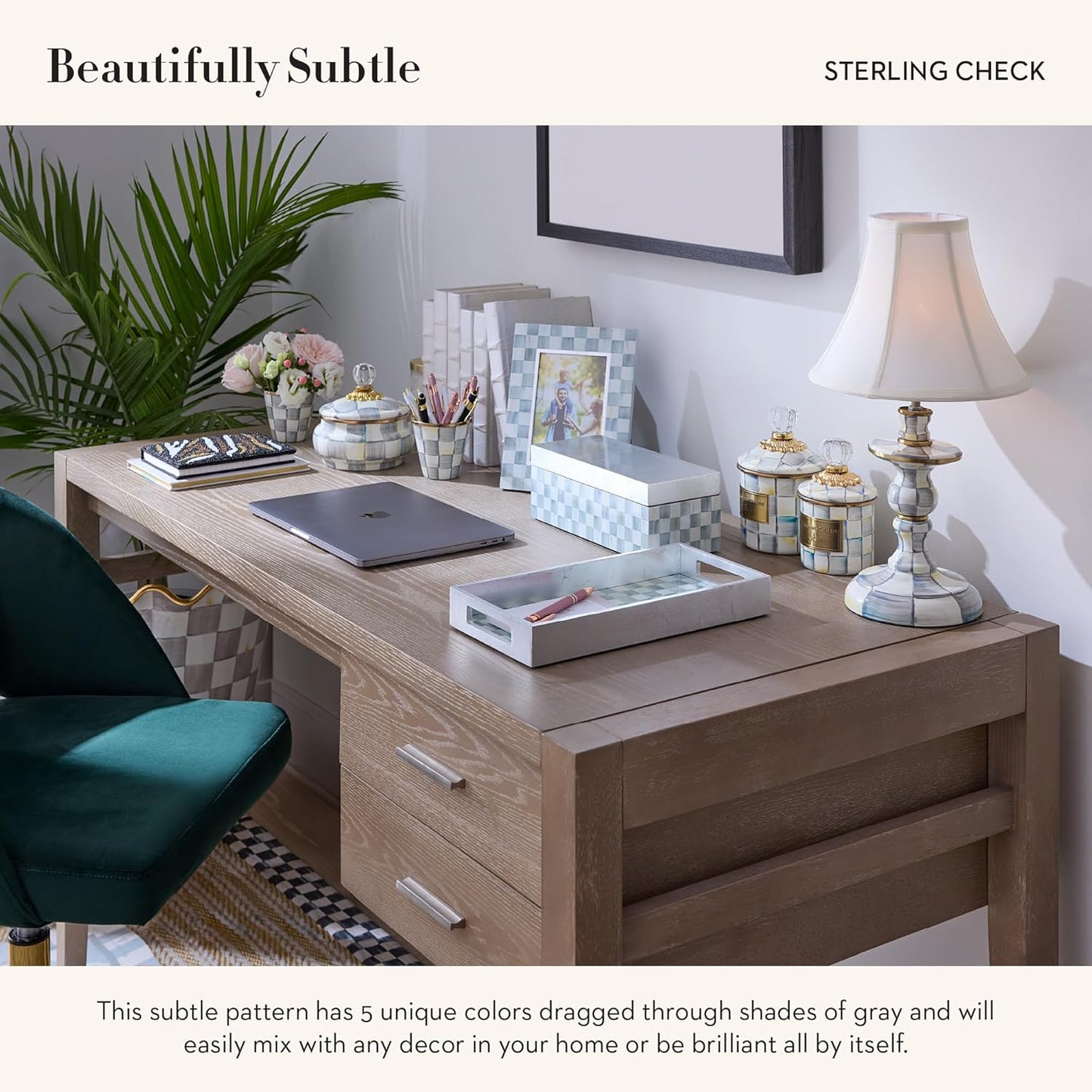 MACKENZIE-CHILDS Lacquer Vanity Tray with Handles, Rectangular Tray for Dresser and Home Decor, Gray-and-White Sterling Check