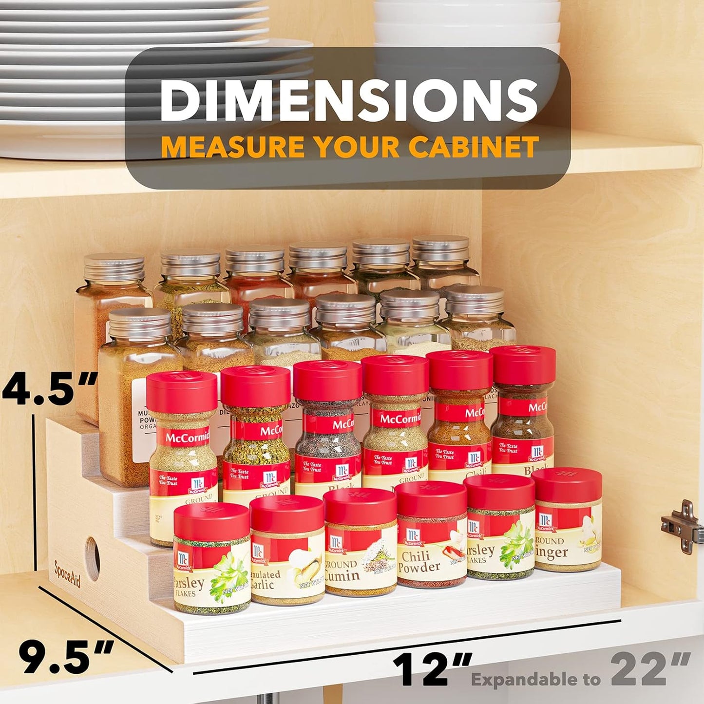 SpaceAid Bamboo Spice Rack Organizer for Cabinet, Kitchen Pantry Spices Storage Rack for Cabinets Organization, Home Seasoning Tiered Can Goods Racks Wood Shelf Organizers (4 Tier, White)