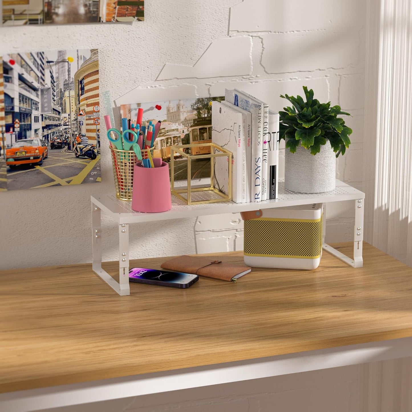 Heavy-Duty Adjustable Metal Shelf Organizer - Expandable & Stackable Pantry Storage Rack for Kitchen, Bathroom, RV, Cabinets(1 Pack/White, Large)