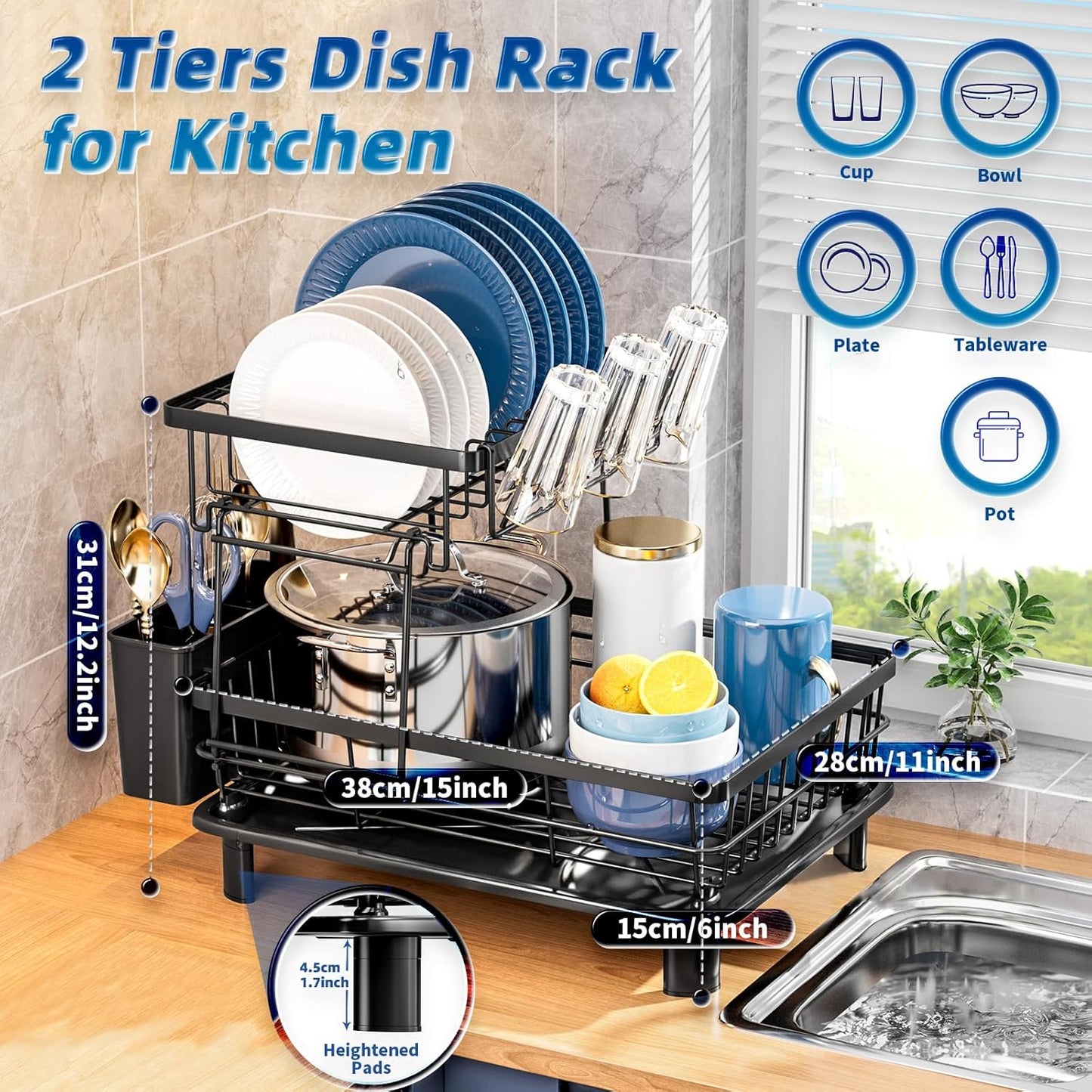 2 Tiers Dish Drying Rack, Space-Saving Dish Racks for Kitchen Counter, Dish Drainer Drying Rack with Drainboard, Utensil Holder Cups Holder Plate Rack and Automatic Drainage Drainboard, Black