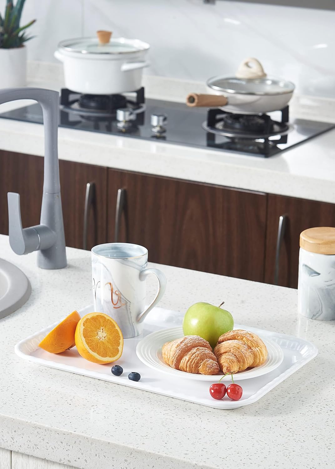 Blue Boat 15" x 11" Rectangular Serving Trays Set of 4 White, Melamine Serving Platter, Light Weight Easy to Clean Sturdy Stackable BPA-Free Dishwasher Safe