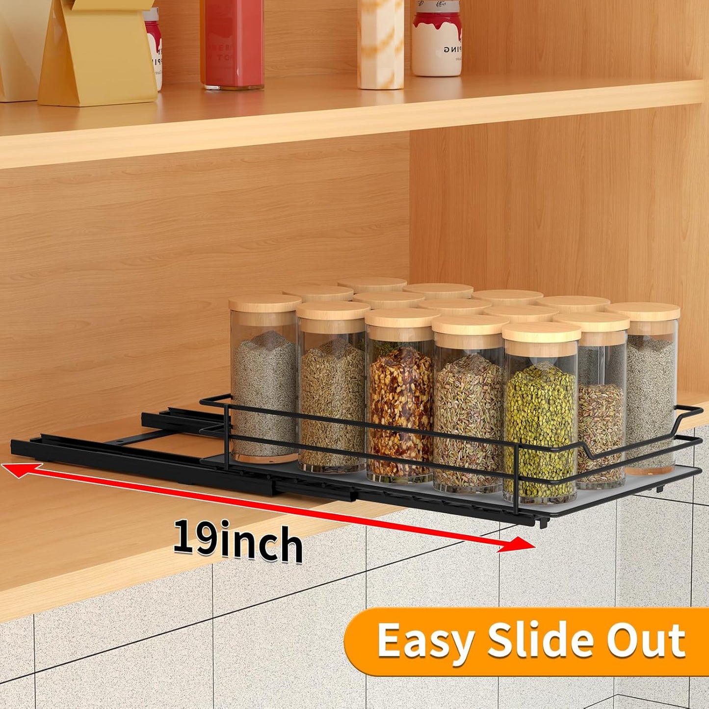 Pull Out Spice Rack Organizer for Cabinet, Heavy Duty Slide Out Spice Rack Organizer for Kitchen Cabinets and Pantry, Fits Spices, Sauces, Canned Food (6.5''Wx10.5''Dx2.5''H)