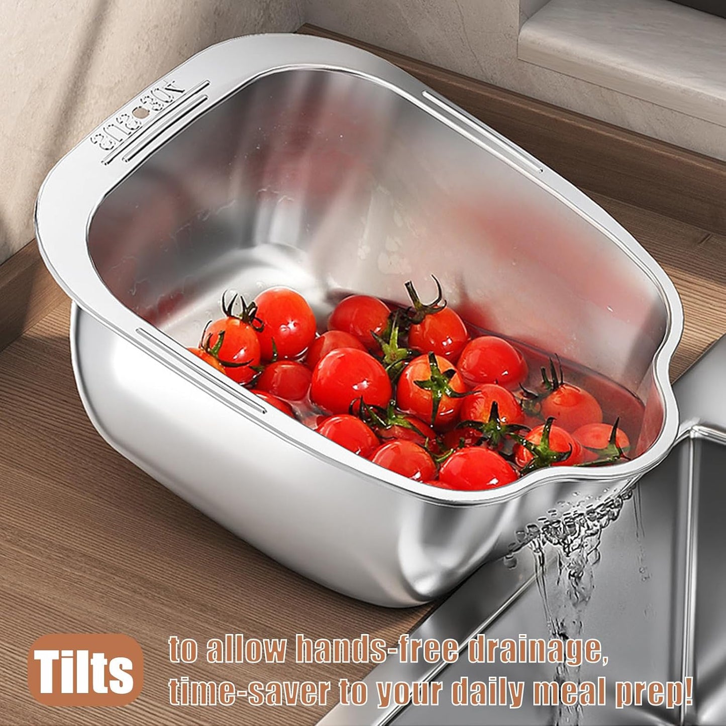 Rice Washer Strainer Bowl, Stainless Steel Washing Bowl whit Side Drainers, Versatile Square Quinoa Colander for Cleaning Rinsing Fruits, Vegetables, and Beans - Multifunctional Drain Basket
