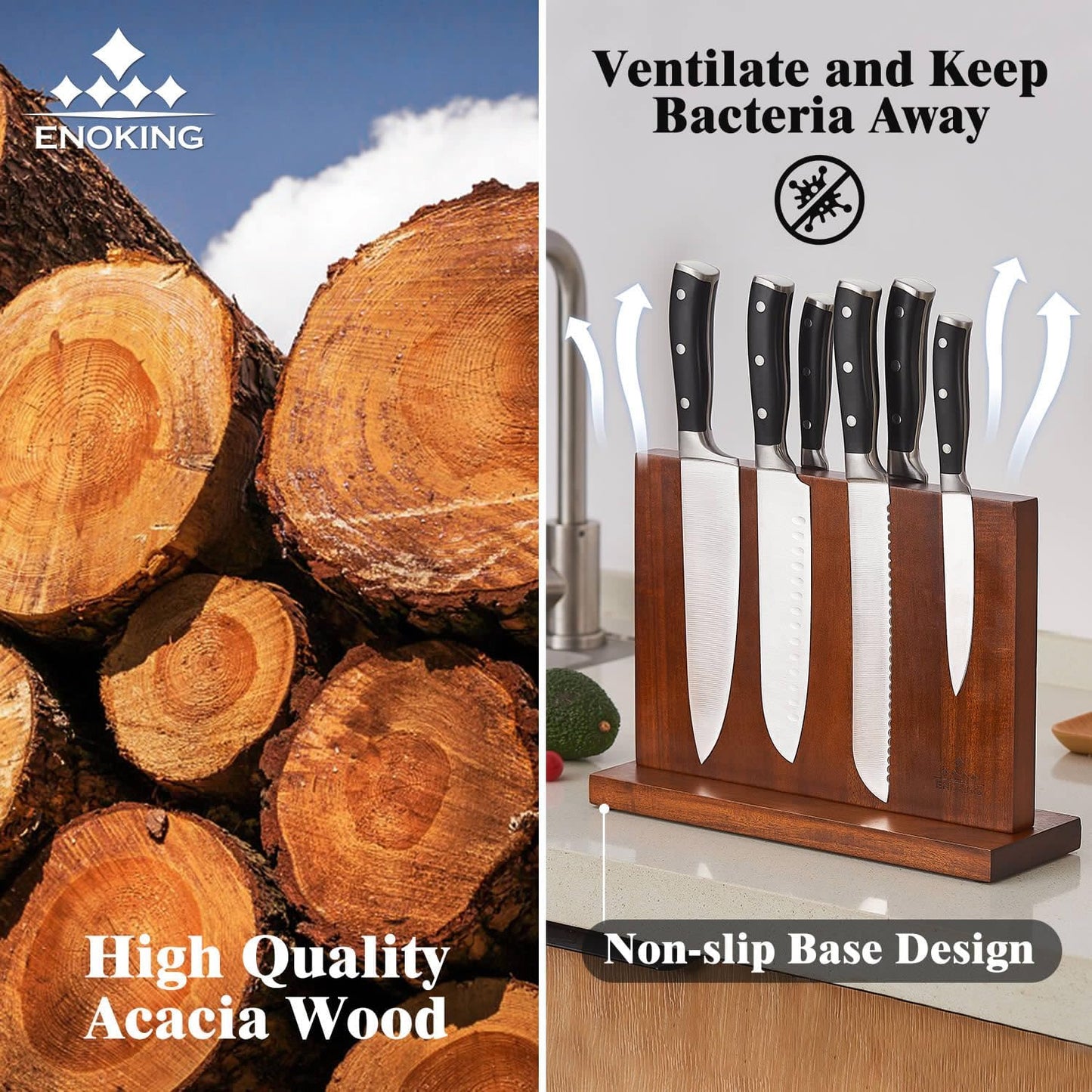 ENOKING Magnetic Knife Block 12.5 x 9 Inches, Double Side Magnetic Knife Holder Built in Three Powerful Magnets Strip, Acacia Wood Universal Knife Storage Organizer for Kitchen Counter