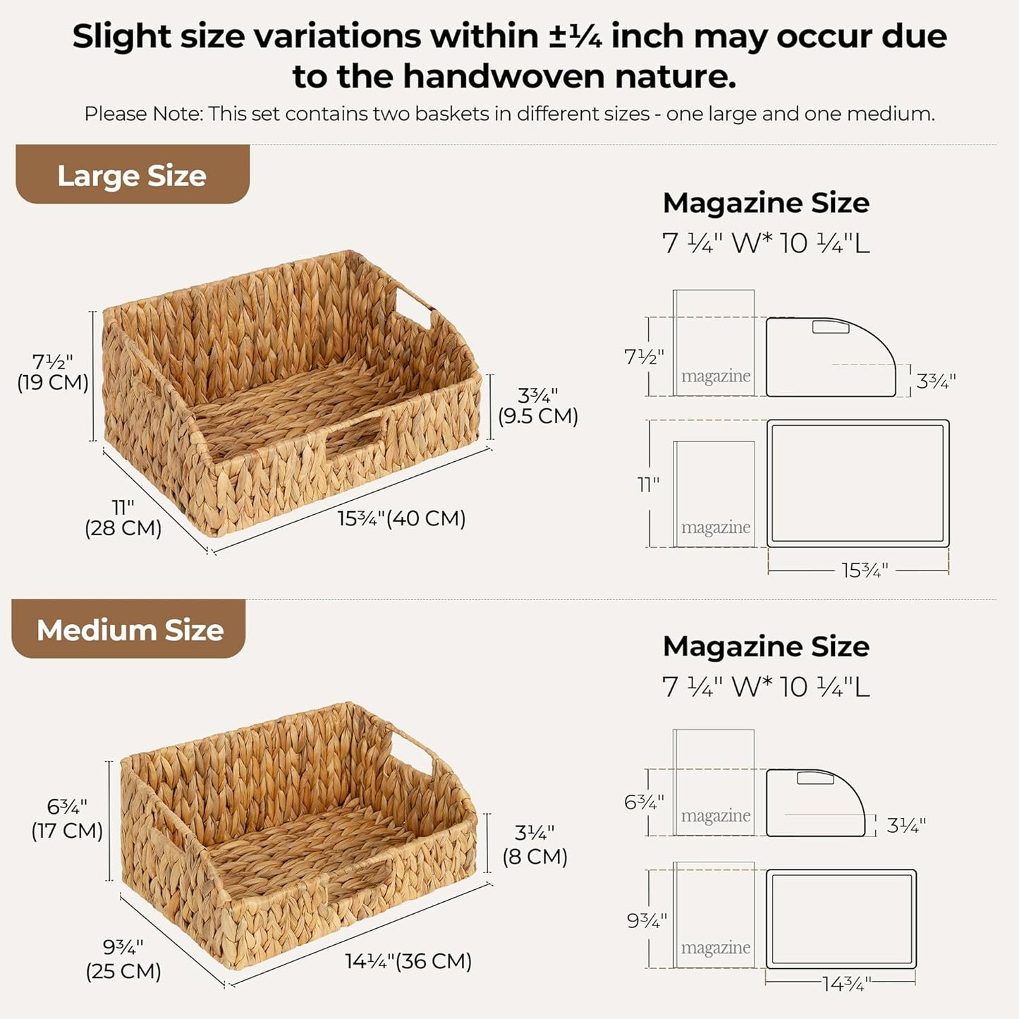 StorageWorks Pantry Baskets for Organizing, Water Hyacinth Baskets for shelves with Built-in Handles, Pantry Organizers and Storage, Set of 2 (Large and Medium)
