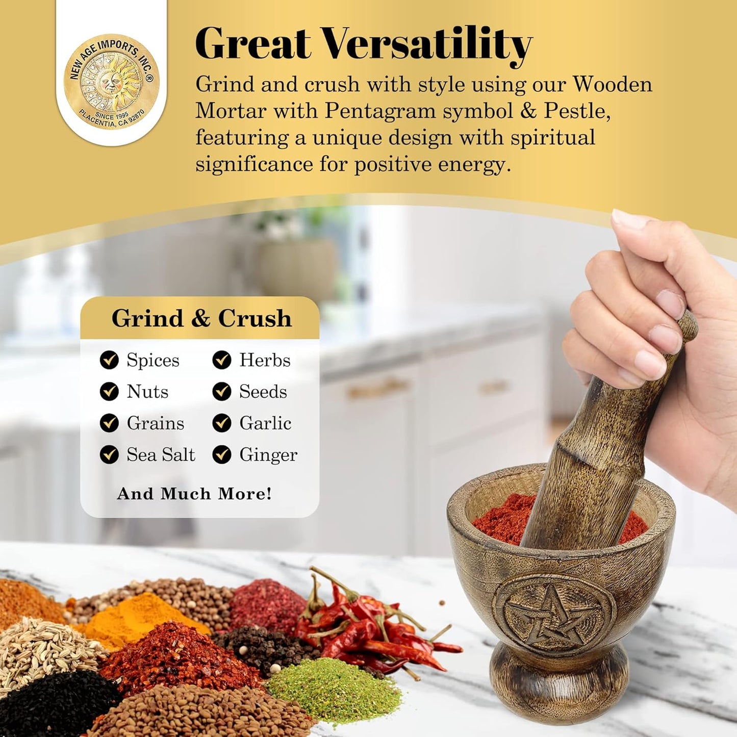 Pentagram Design Wooden Mortar & Pestle Set - Herb Grinder, Pill Crusher, Molcajete 4 inch High by 4" inch wide top, base 2.5" inch Dual Side Pentacle Design Handcarved by New Age Imports, Inc.