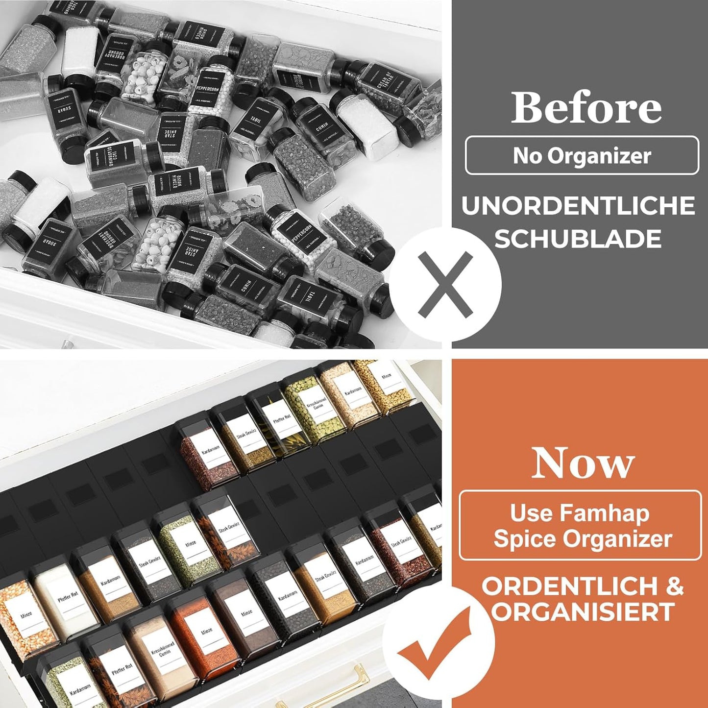 Famhap Spice Drawer Organizer 24 Pcs with 24 Plastic Jars and Labels，Interlocking Expandable Seasoning Rack Tray Insert for Kitchen Drawers, Spice Rack Drawer