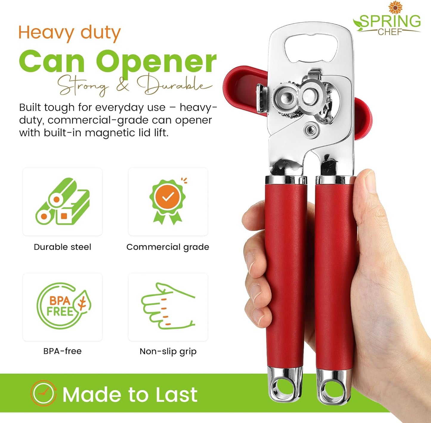 Spring Chef Stainless Steel Can Opener - Manual with Soft Grip Handles, Easy Turn, Heavy Duty Hand Can Opener for Seniors with Smooth Edge - Red
