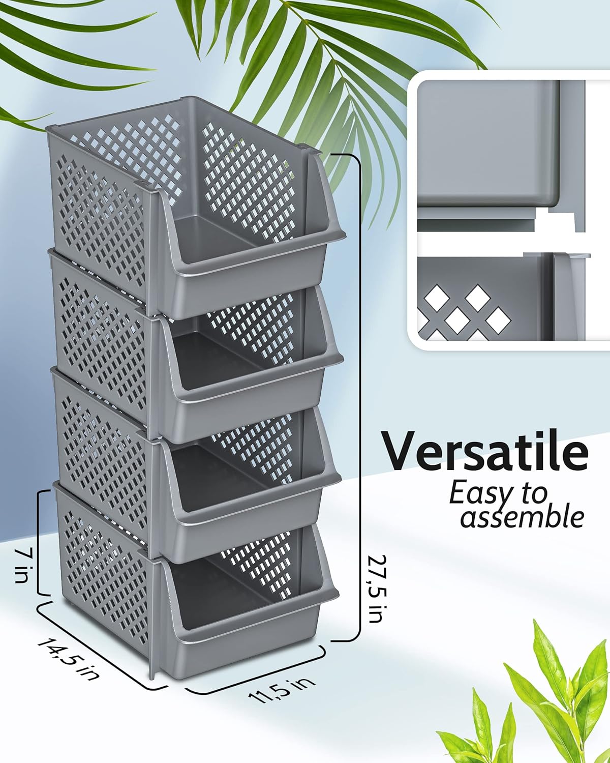 Skywin TidyFriend Stackable Storage Bins for Pantry, 4 Pack Stackable Bins For Organizing Food, Kitchen, and Bathroom Essentials (Grey)