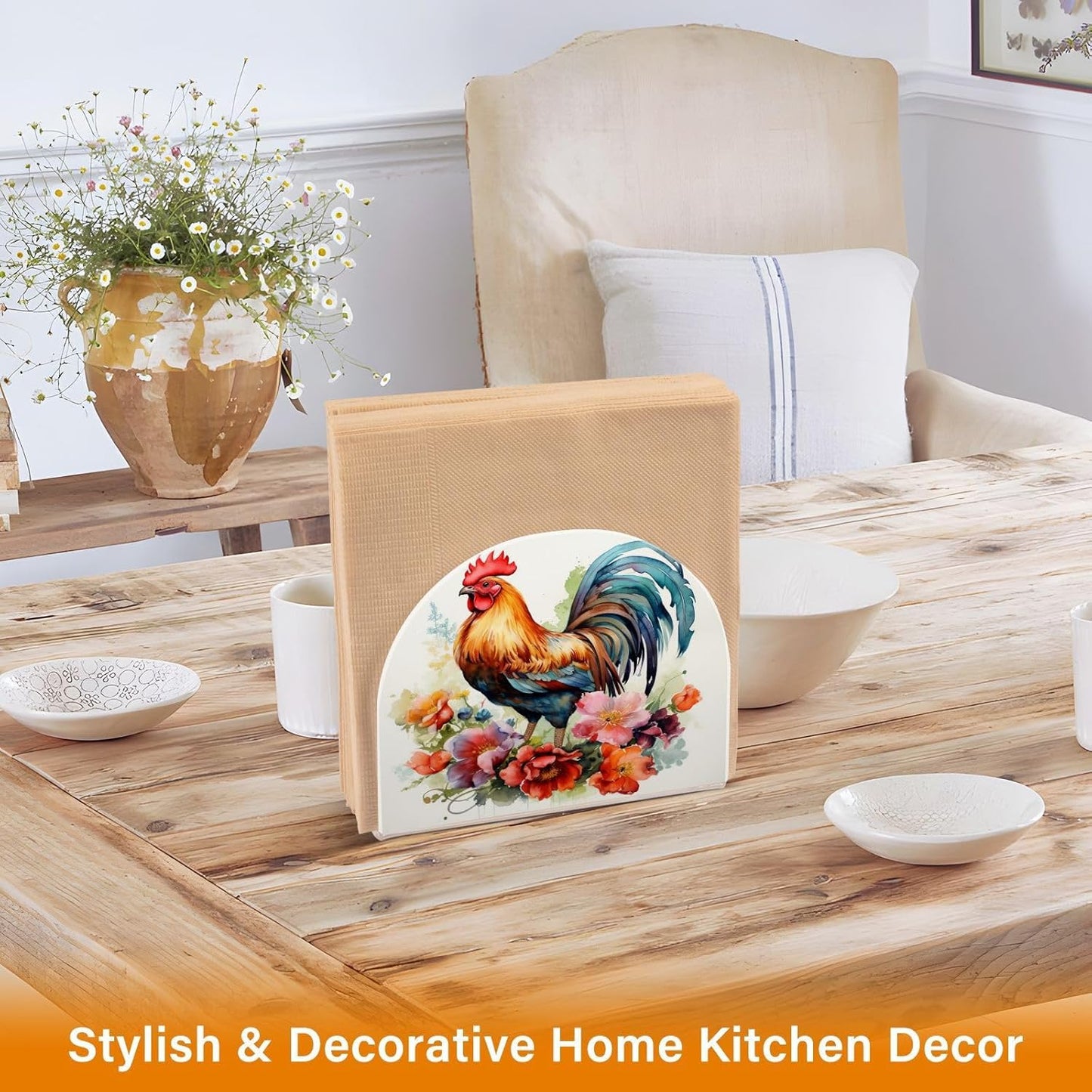 Rooster and Flower Napkin Holder for Table Paper Napkins Holder Acrylic Tissue Dispenser Kitchen Dining Room Bathroom Party Car Decor