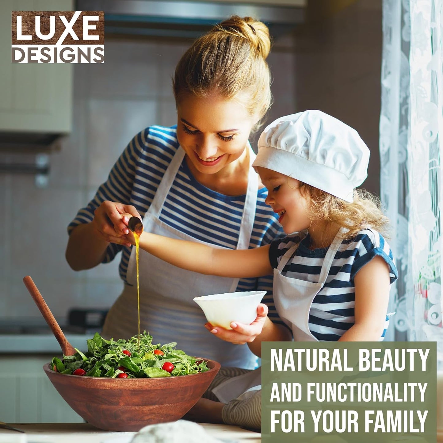 Luxe Designs Wooden Salad Bowl Set - Food Safe & Sustainable Decorative Bowl - Wood Bowl for Fruits, & Salads - Easy to Clean Large Salad Bowls Set w/Spoon, Fork – Wooden Bowls for Food (Dark Burnt)