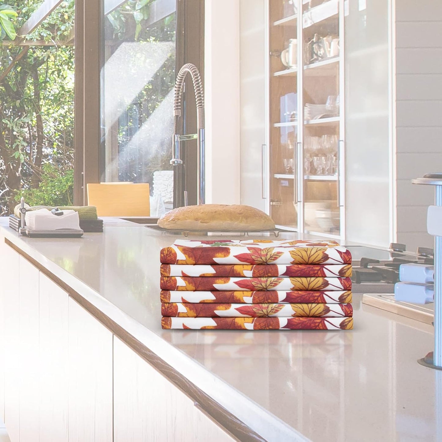 Urban Villa Fall Kitchen Towels Harvest Leaves Print Dish Towels Set of 6 20" X30” 100% Cotton Highly Absorbent Quick Drying Dish Cloths & Dish Towels Thanks Giving Tea Towels with Hanging Loop