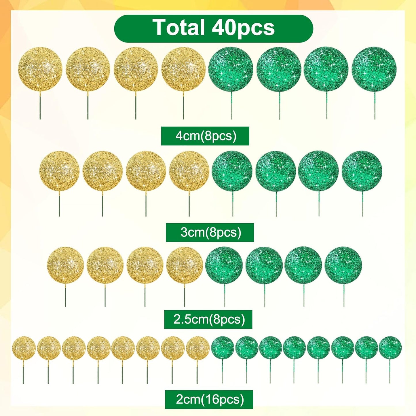 BEISHIDA 40 Pcs Ball Cake Toppers Mini Balls Cake Decorations Green Gold Foam Balls Sticks DIY Cake Topper for Baking Congrats Grade 2025 Graduation Birthday St Patrick's Day Decorations (Green Gold)