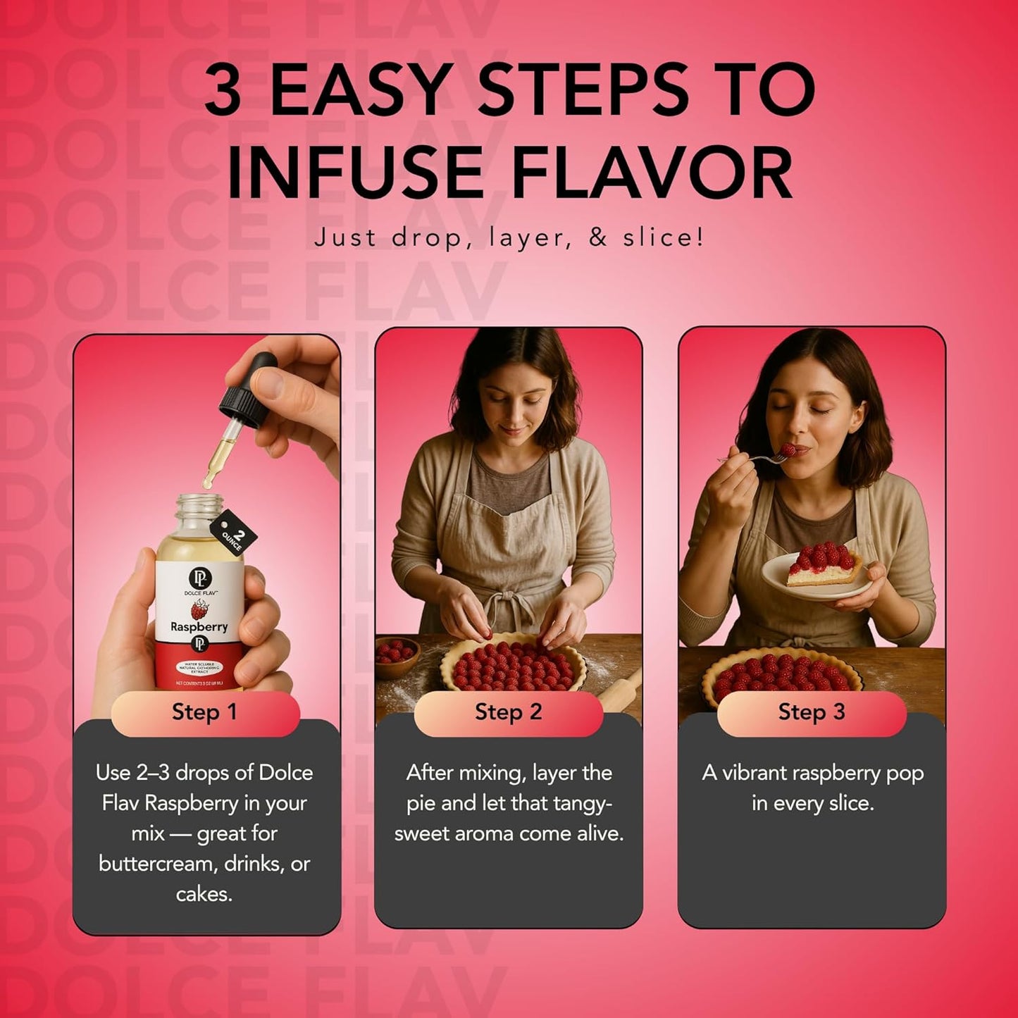 Dolce Flav Natural Raspberry Extract 2 oz – Kosher, Sugar-Free, Concentrated Tart Raspberry Flavoring for Baking, Beverages & Desserts, Includes Measured Dropper