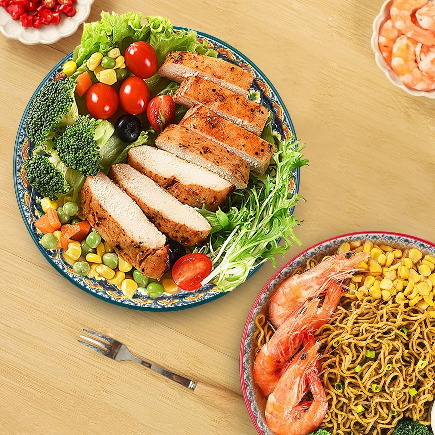 Large Serving Bowls, 75 Oz Fruit Salad Bowls, Bohemian Style Large Porcelain Dishes for Entertaining Parties,Big Bowls for Eating Soup, Salad, Pasta, Fruit, Chips, 10.3 Inch Diameter (green)