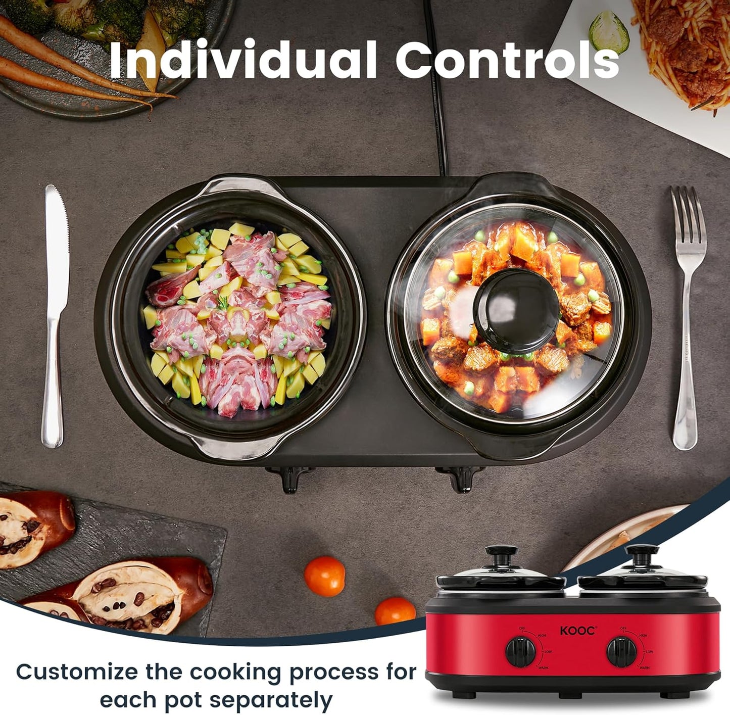 KOOC Double Small Slow Cooker, Buffet Server and Warmer, 2 Mini Pots with 3 Individual Adjustable Temp, Dual Ceramic Pots, Free Liners for Easy Clean-up, Stainless Steel, Total 2.5 Quart, Red, Round