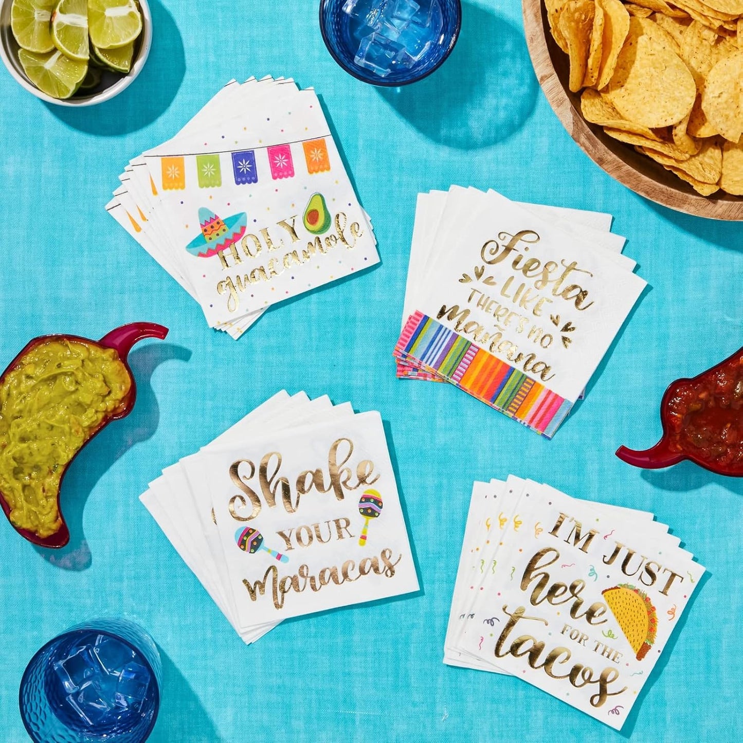 100 Pack Mexican Fiesta Napkins for Cinco de Mayo Party Supplies, Taco Fiesta Decorations in 4 Designs (5x5 In)
