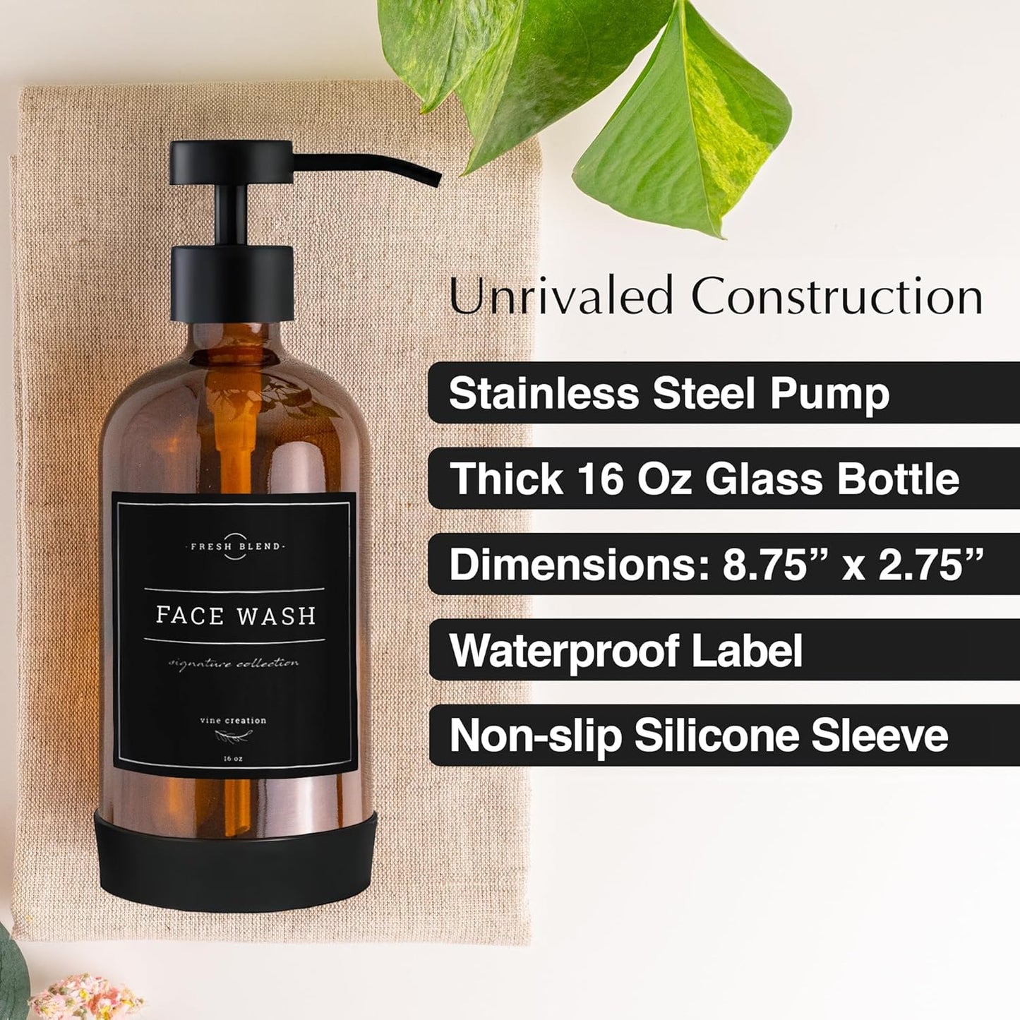 Vine Creations Amber Glass Soap Dispenser Set - Kitchen Soap Dispenser Set with Stainless Steel Pump - 16 oz Dish Soap and Hand Soap Dispensers for Bathroom with Silicone Pad & Waterproof Labels