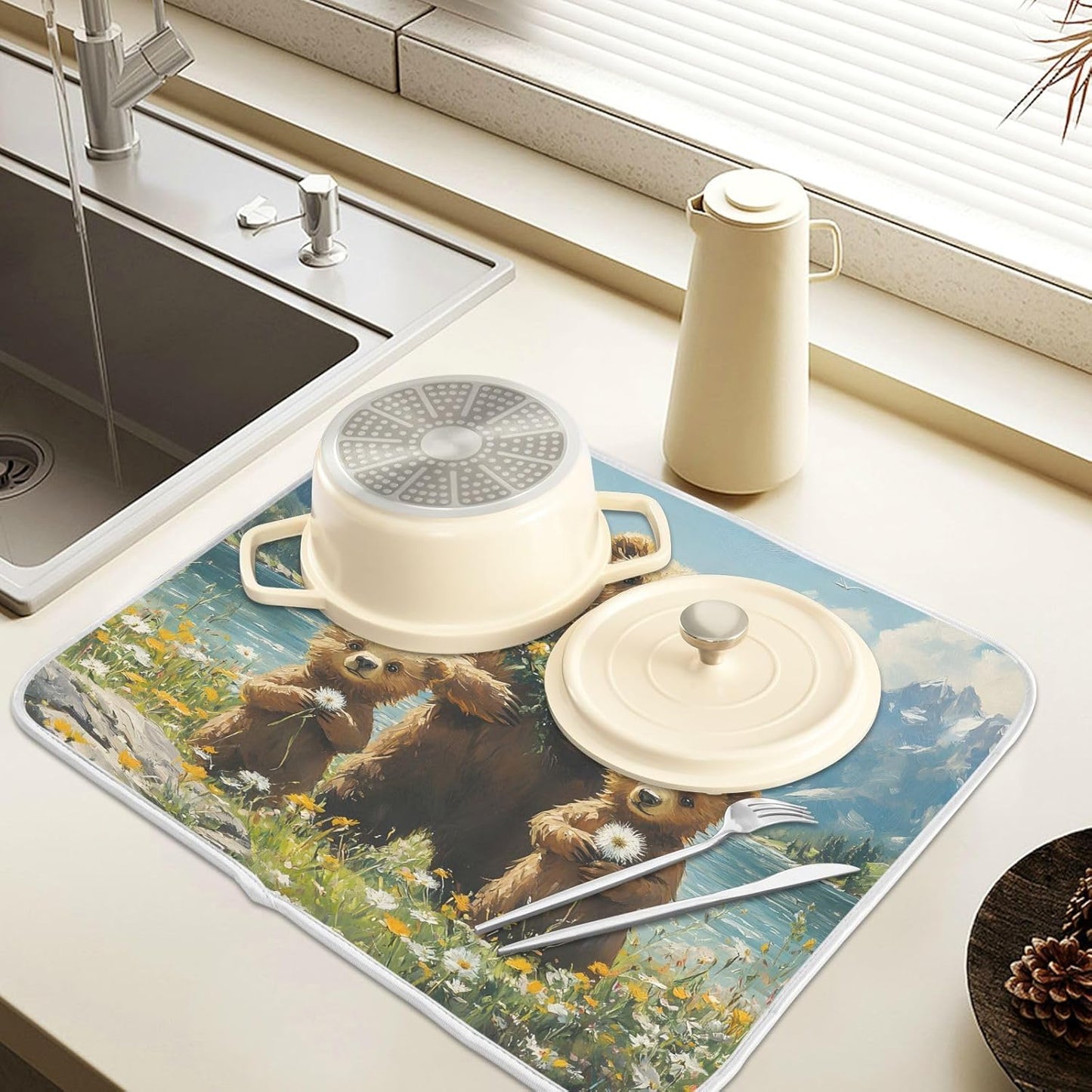 Three Bear Dish Drying Mat for Kitchen Counter Absorbent Microfiber Large Drying Pad Dandelion Wildflowers Dish Mats for Kitchen Countertops 18 x 24 Inch